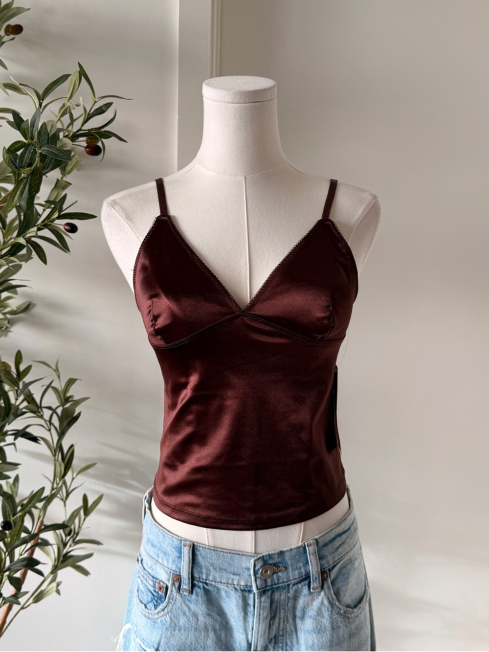 NWT Urban Outfitters Satin V-Neck Cami in a Rich Brown Color